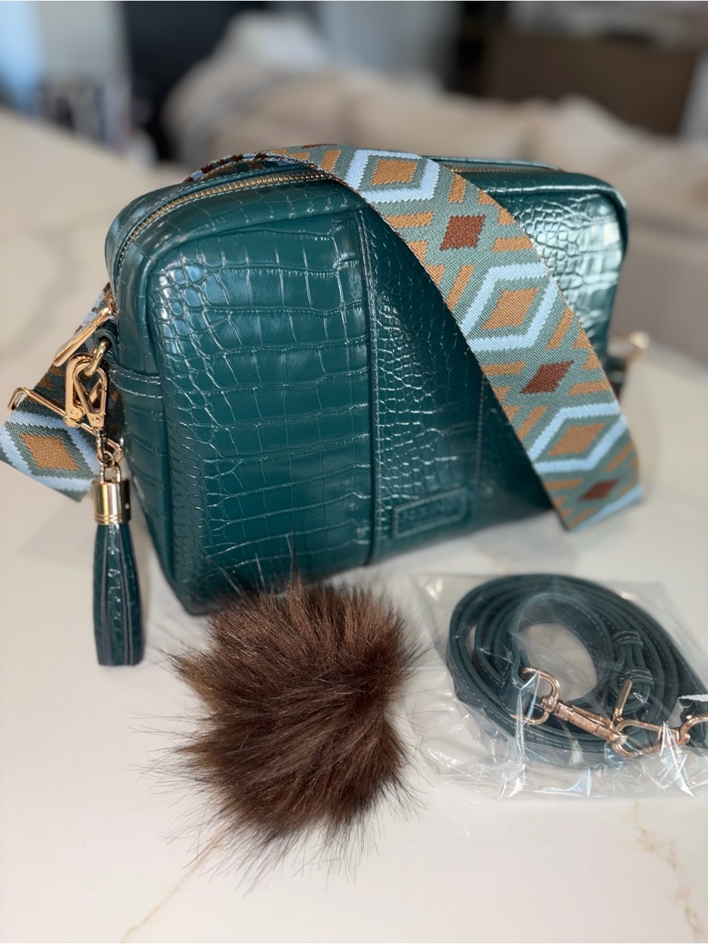 Pom Pom London marine blue green croc City Plus Crossbody bag purse - Picture 2 of 7
